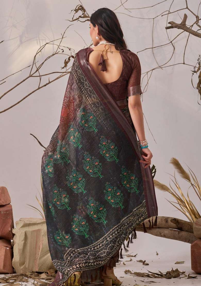 Wine Embroidered Cotton Saree Set for Diwali and Festive Wear - Indya