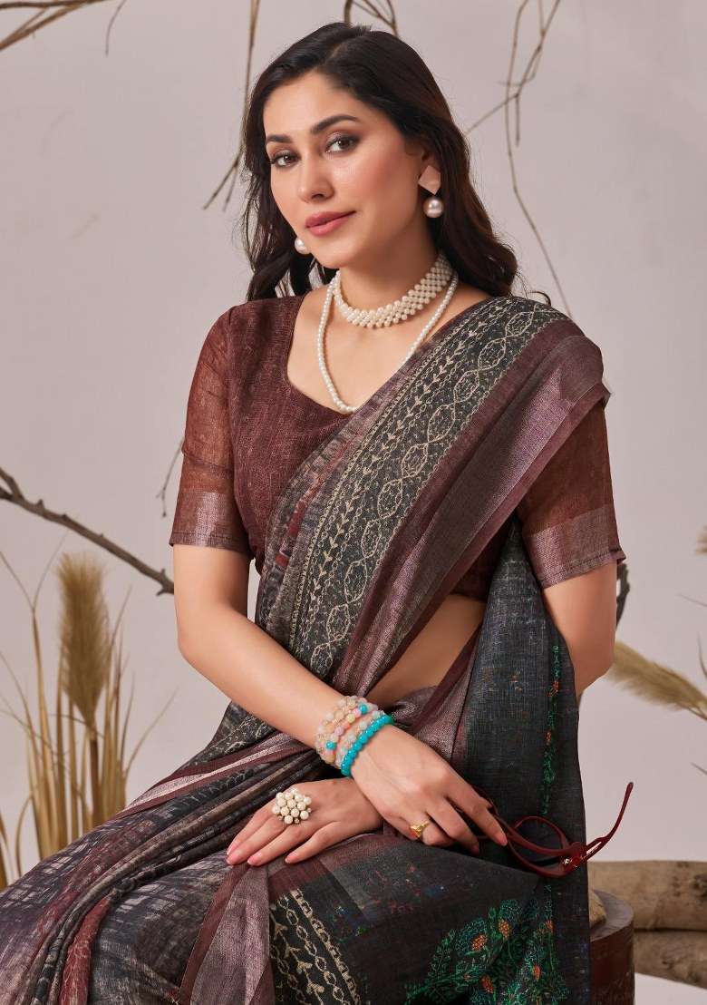 Wine Embroidered Cotton Saree Set for Diwali and Festive Wear - Indya