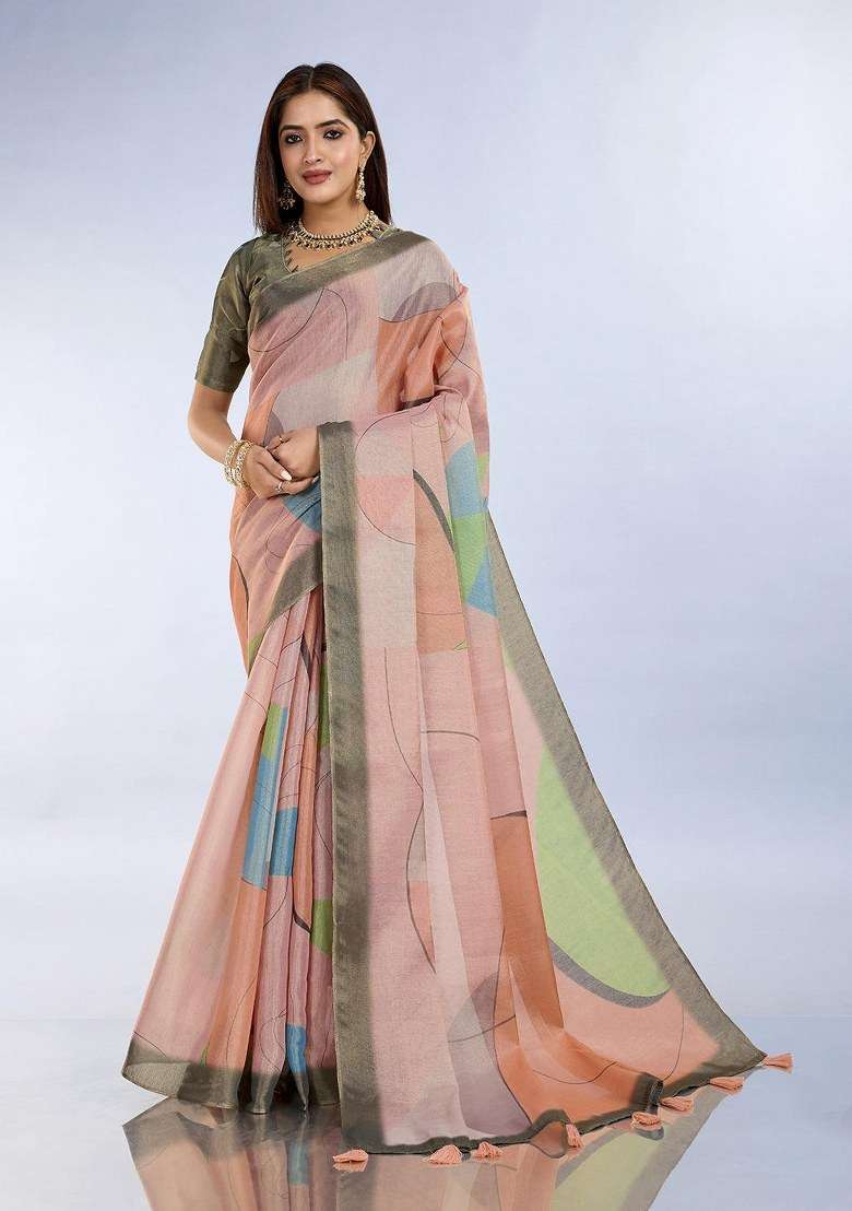 Peach Silk Blend Saree Set with Embroidered for Diwali | Wedding & Festive Wear - Indya