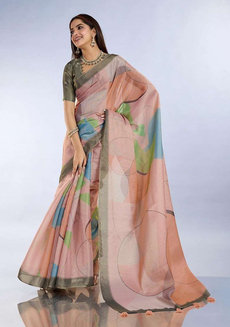 Peach Silk Blend Saree Set with Embroidered for Diwali | Wedding & Festive Wear - Indya
