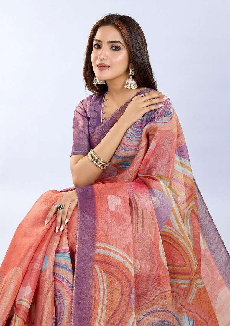 Orange Embroidered Silk Blend Saree Set for Diwali and Festive Wear - Indya