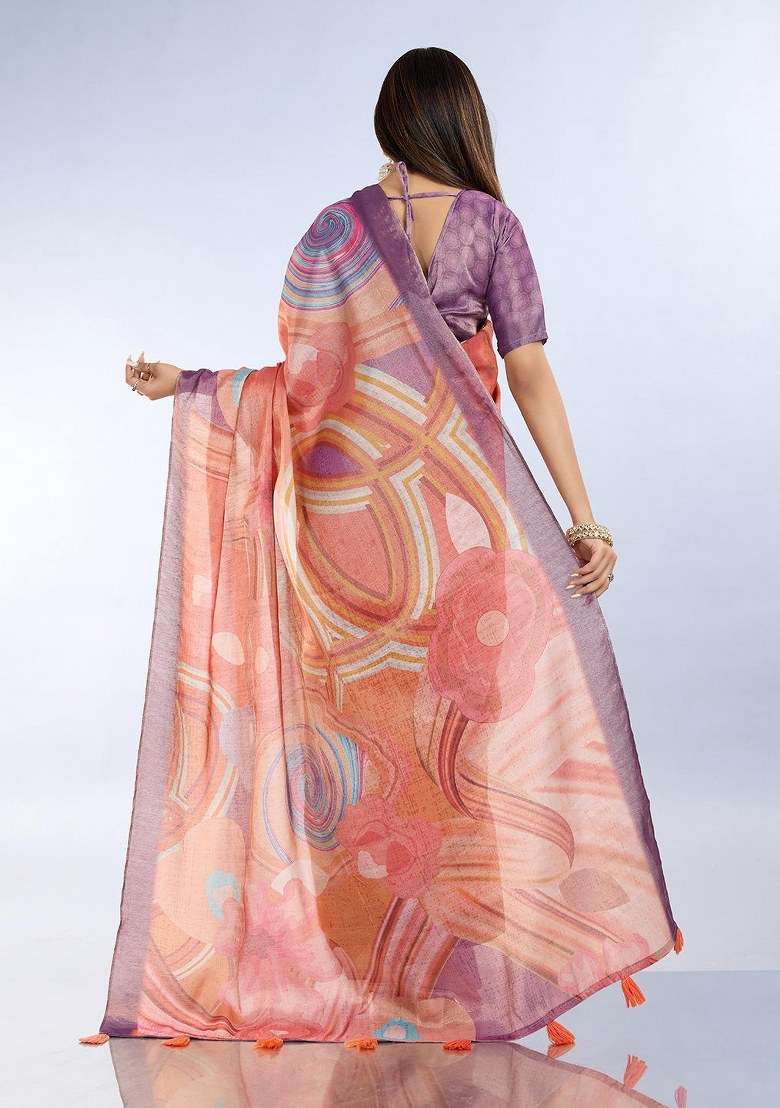 Orange Embroidered Silk Blend Saree Set for Diwali and Festive Wear - Indya