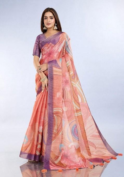 Orange Embroidered Silk Saree Set