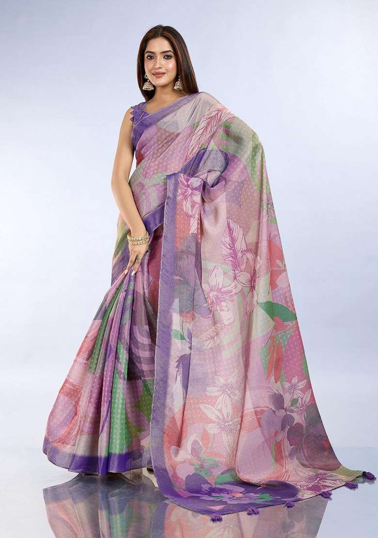 Multicolor Silk Blend Saree Set with Embroidered for Diwali | Wedding & Festive Wear - Indya