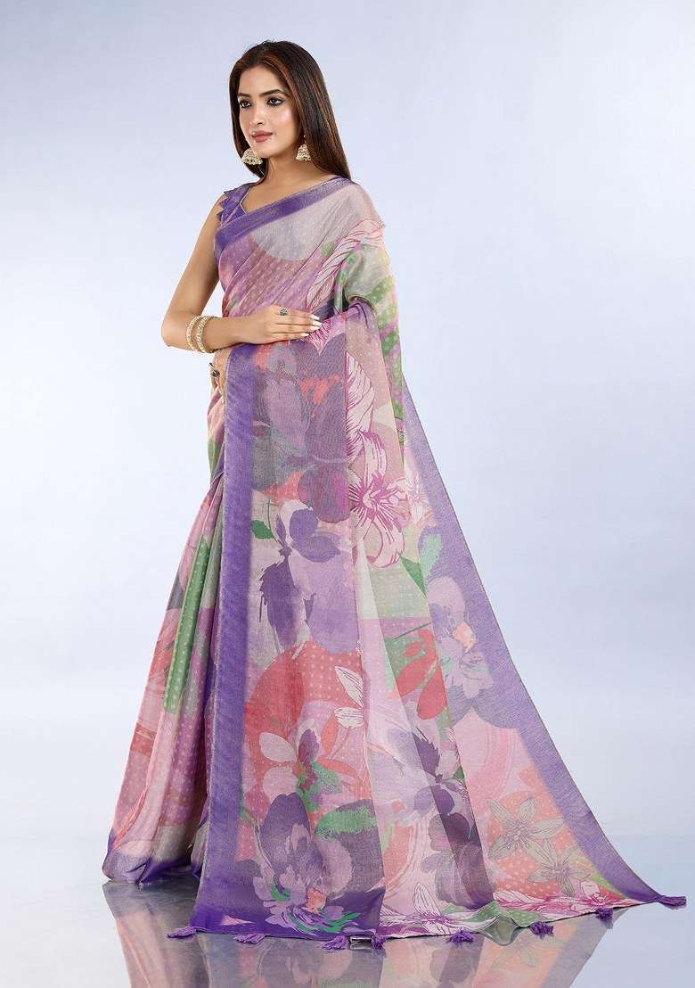 Multicolor Silk Blend Saree Set with Embroidered for Diwali | Wedding & Festive Wear - Indya
