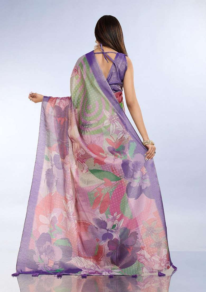 Multicolor Silk Blend Saree Set with Embroidered for Diwali | Wedding & Festive Wear - Indya