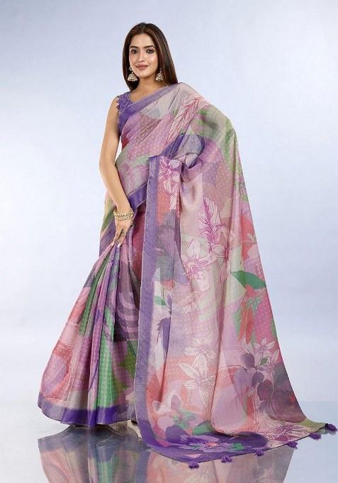 Multicolor Embroidered Silk Saree Set
