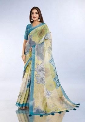 Light Yellow Embroidered Silk Saree Set