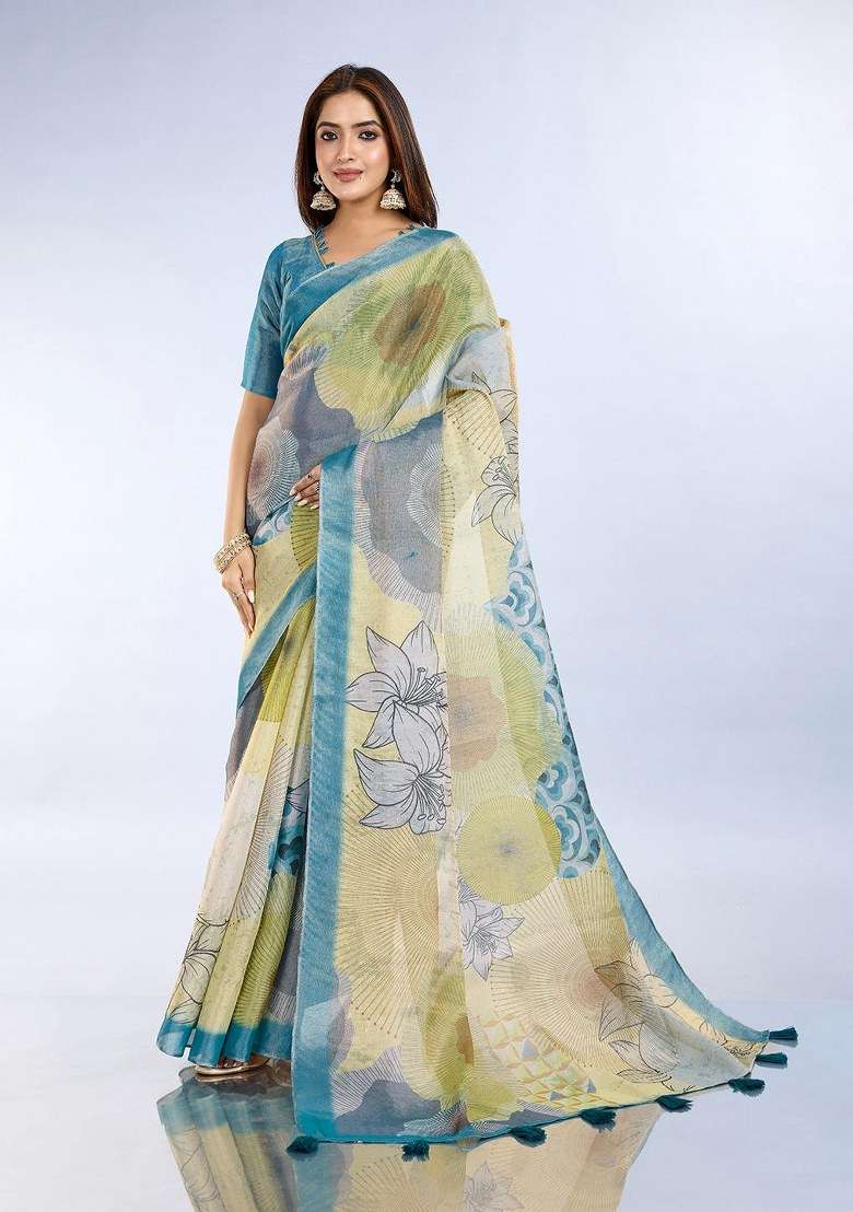 Light Yellow Silk Blend Saree Set with Embroidered for Diwali | Wedding & Festive Wear - Indya