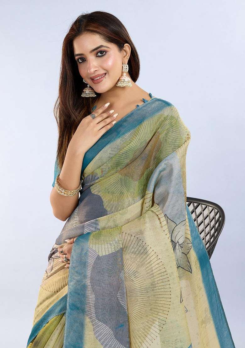 Light Yellow Silk Blend Saree Set with Embroidered for Diwali | Wedding & Festive Wear - Indya