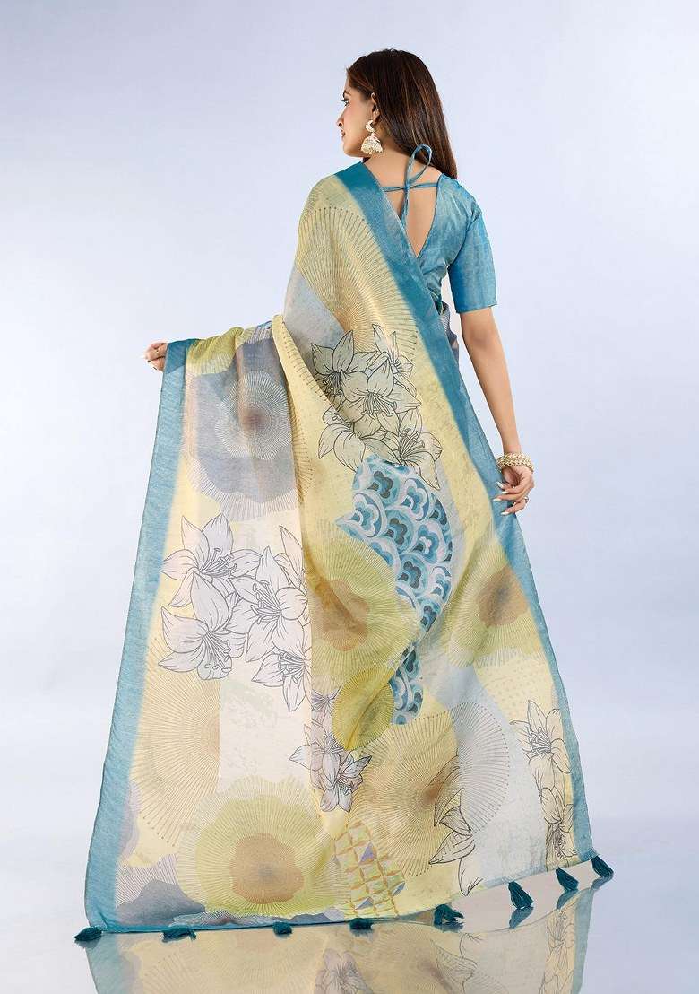 Light Yellow Silk Blend Saree Set with Embroidered for Diwali | Wedding & Festive Wear - Indya
