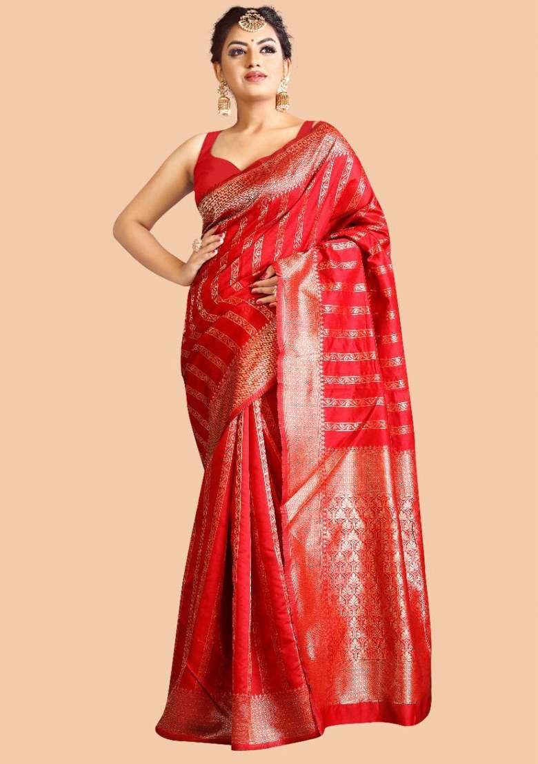 Red Silk Blend Saree Set with Embroidered for Diwali | Wedding & Festive Wear - Indya