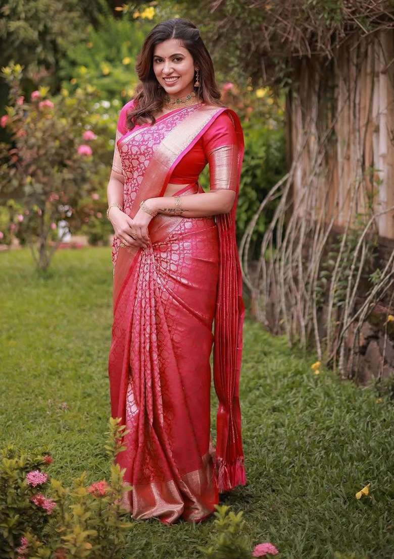 Pink Silk Blend Saree Set with Embroidered for Diwali | Wedding & Festive Wear - Indya