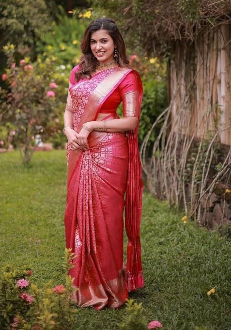 Pink Embroidered Silk Saree Set