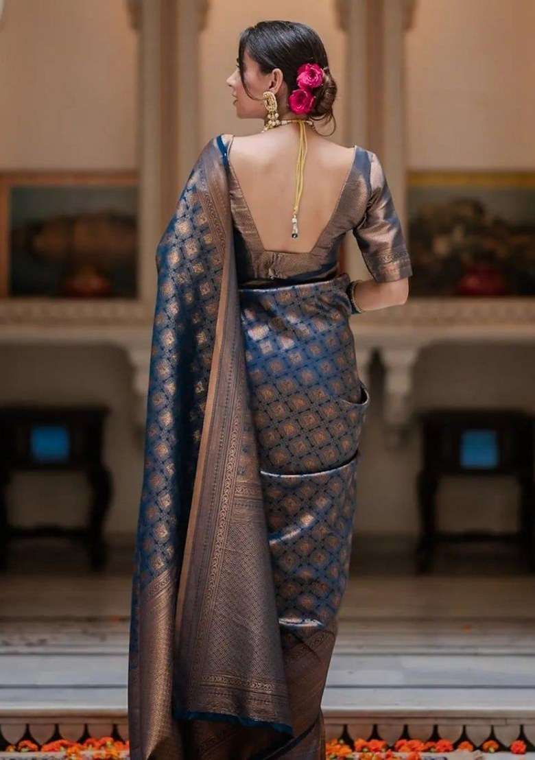 Blue Embroidered Silk Blend Saree Set for Diwali and Festive Wear - Indya