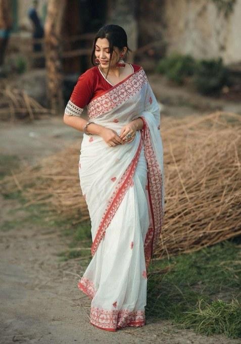White Embroidered Silk Saree Set