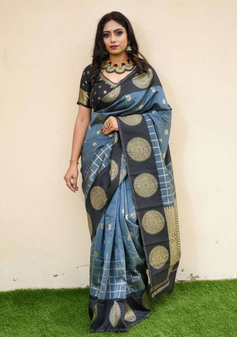 Blue Embroidered Silk Blend Saree Set for Diwali and Festive Wear - Indya