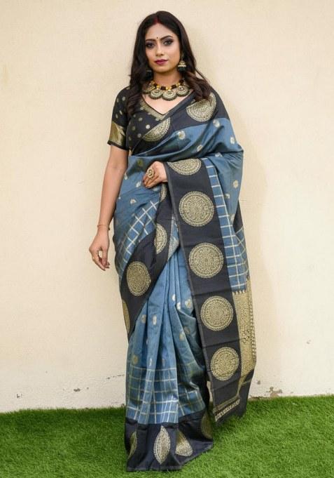 Blue Embroidered Silk Saree Set