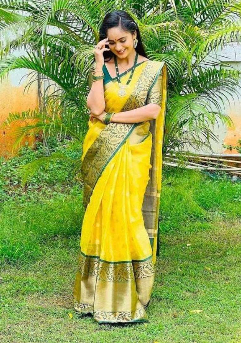 Yellow Embroidered Silk Blend Saree Set for Diwali and Festive Wear - Indya