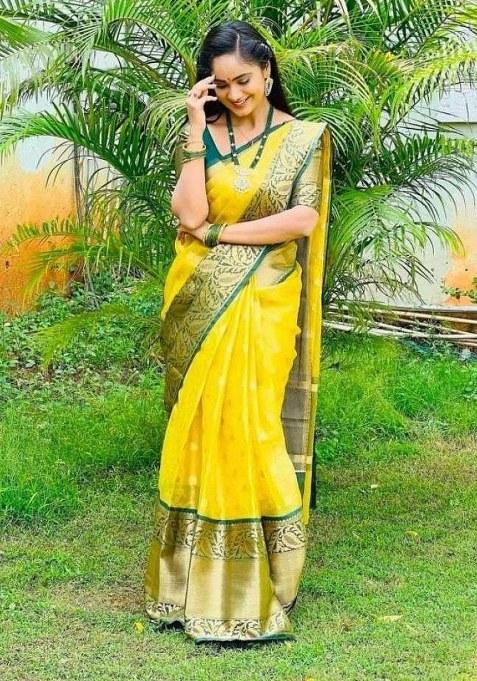 Yellow Embroidered Silk Saree Set