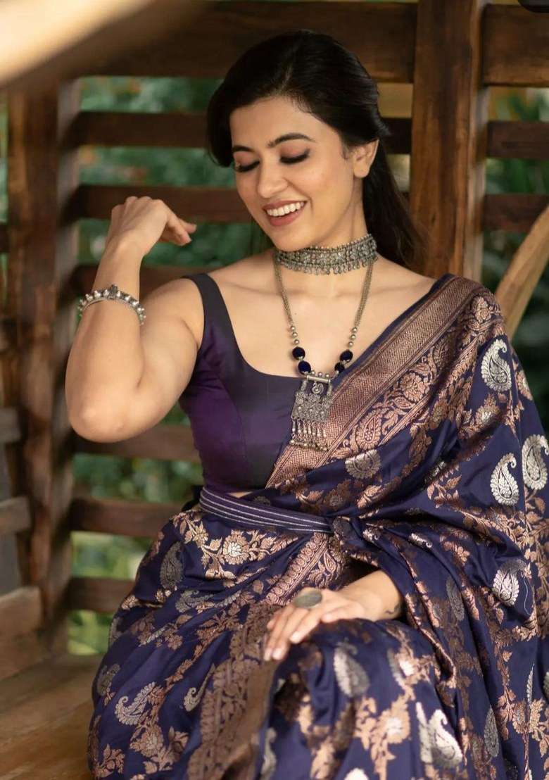 Navy Blue Embroidered Silk Blend Saree Set for Diwali and Festive Wear - Indya