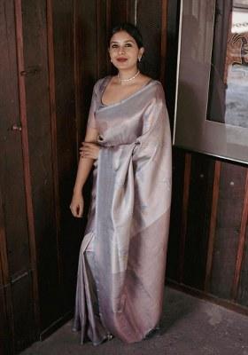 Grey Embroidered Silk Blend Saree Set