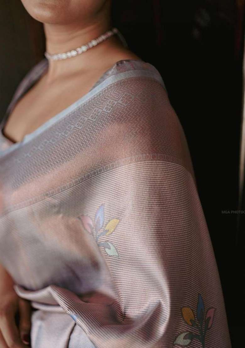 Grey Embroidered Silk Blend Saree Set for Diwali and Festive Wear - Indya