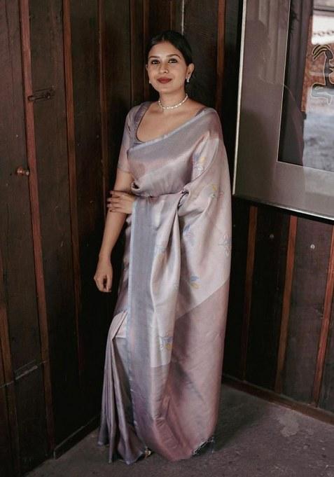 Grey Embroidered Silk Saree Set