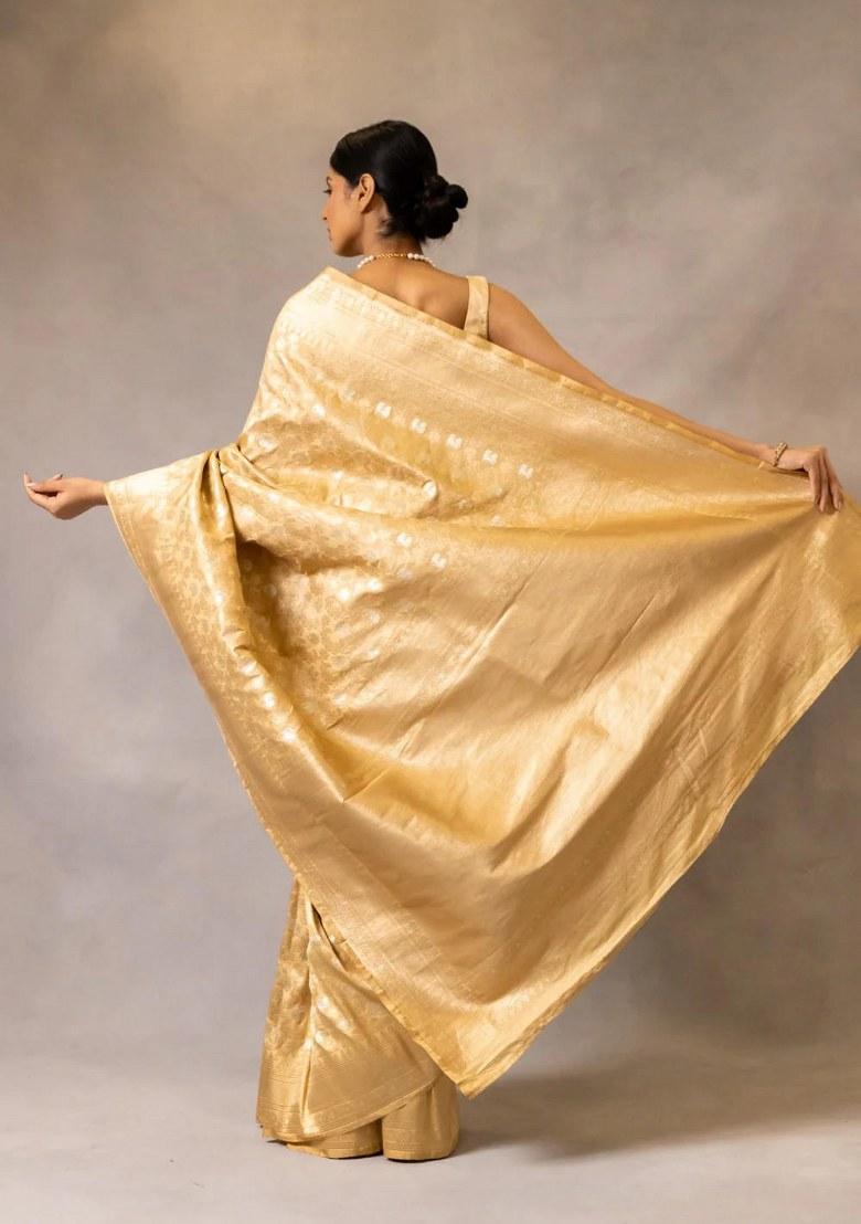 Gold Embroidered Banarasi Silk Saree Set