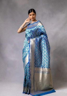Blue Embroidered Banarasi Silk Blend Saree Set