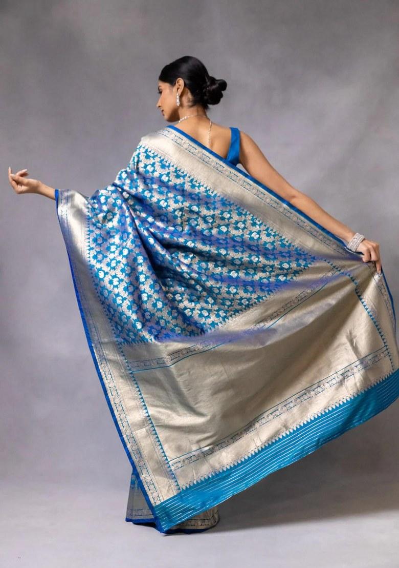 Blue Embroidered Banarasi Silk Saree Set