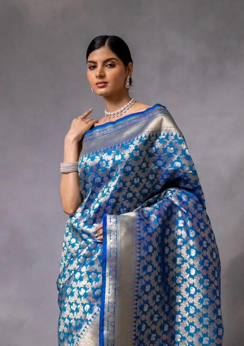 Blue Embroidered Banarasi Silk Saree Set