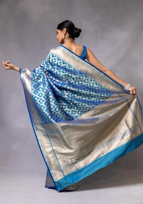 Blue Embroidered Banarasi Silk Saree Set