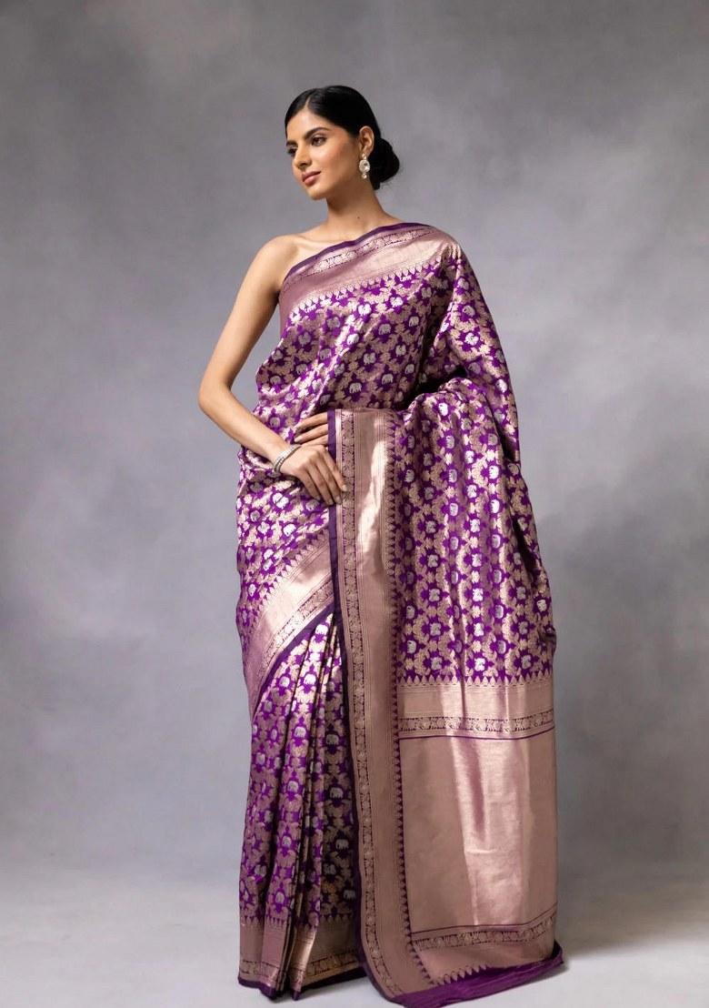 Purple Embroidered Banarasi Silk Saree Set