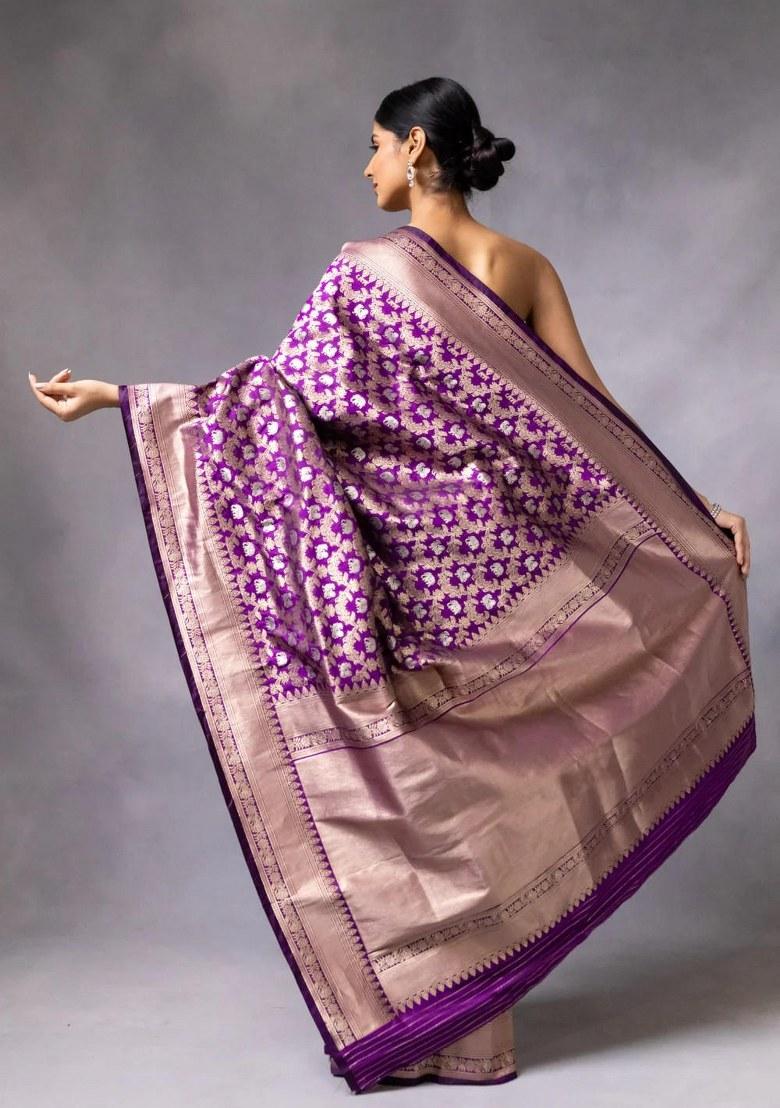 Purple Embroidered Banarasi Silk Saree Set