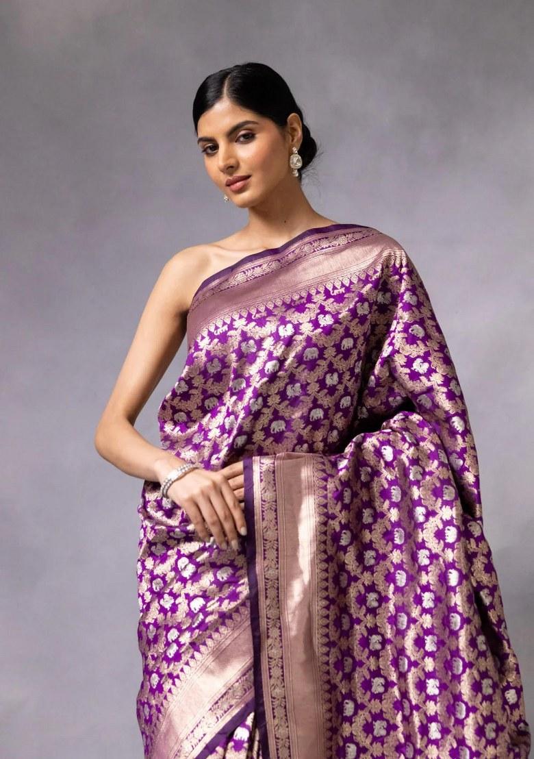 Purple Embroidered Banarasi Silk Saree Set