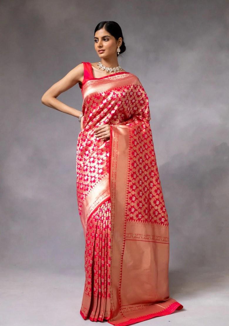 Red Embroidered Banarasi Silk Saree Set