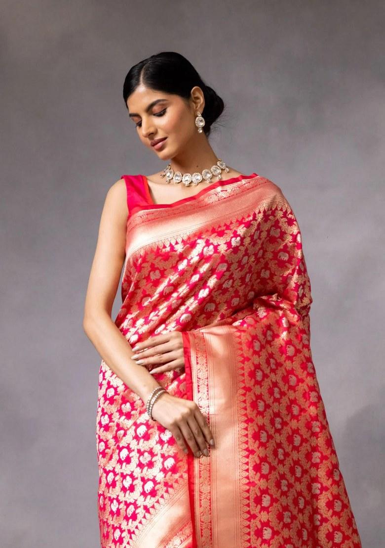 Red Embroidered Banarasi Silk Saree Set