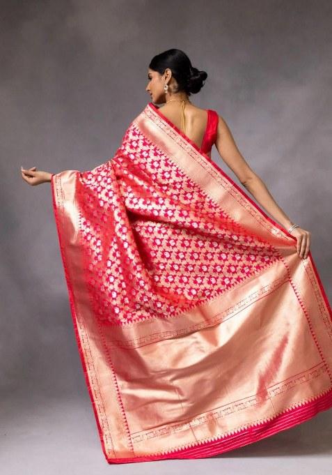 Red Embroidered Banarasi Silk Saree Set