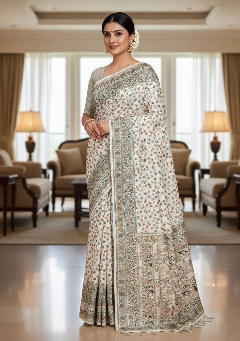 White Embroidered Banarasi Silk Saree Set - Indya