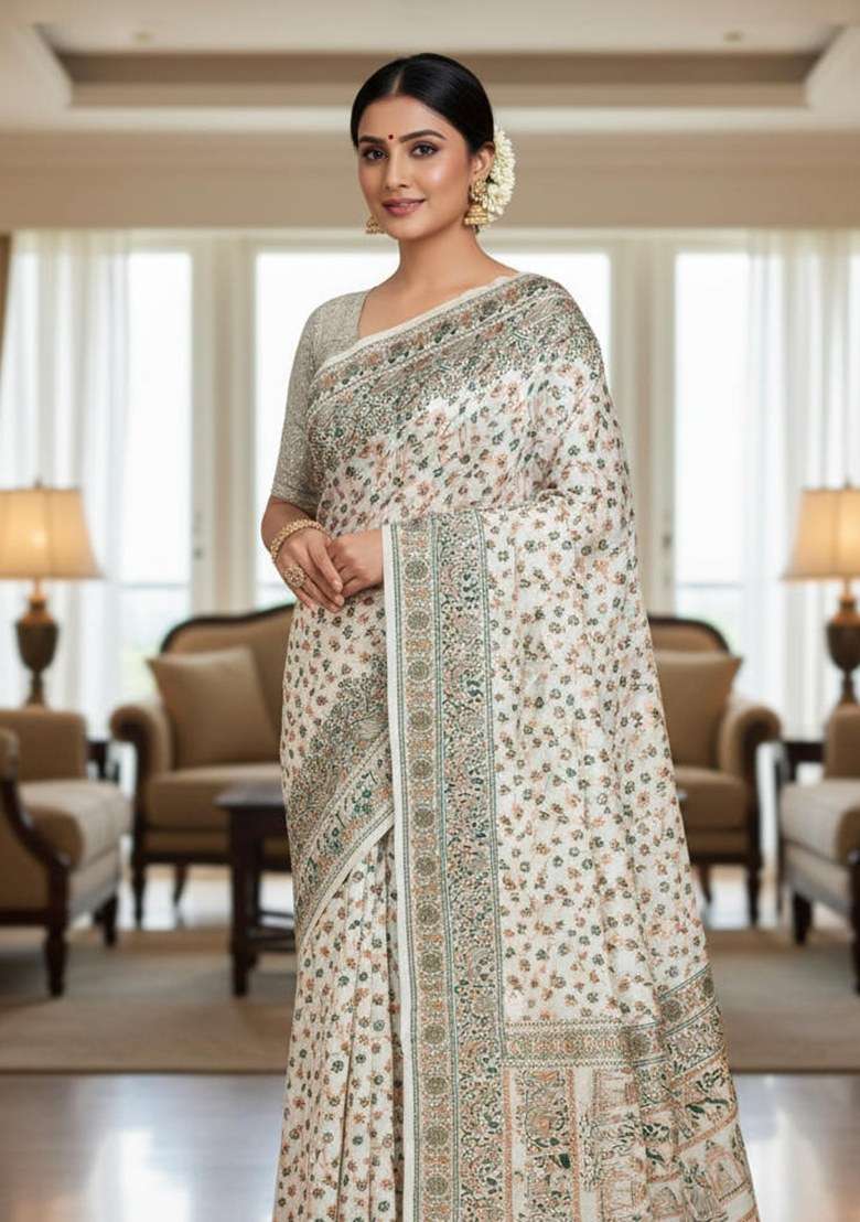 White Embroidered Banarasi Silk Saree Set - Indya