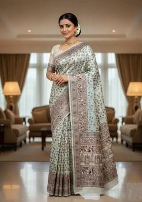 Light Blue Embroidered Banarasi Silk Saree Set