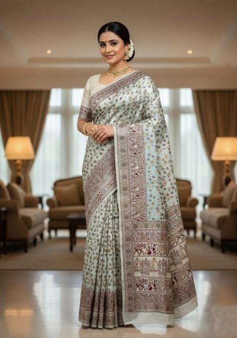 Light Blue Embroidered Banarasi Silk Saree Set