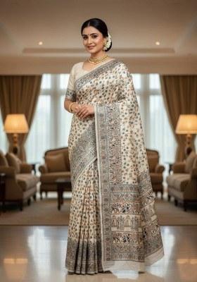 Cream Embroidered Banarasi Silk Saree Set