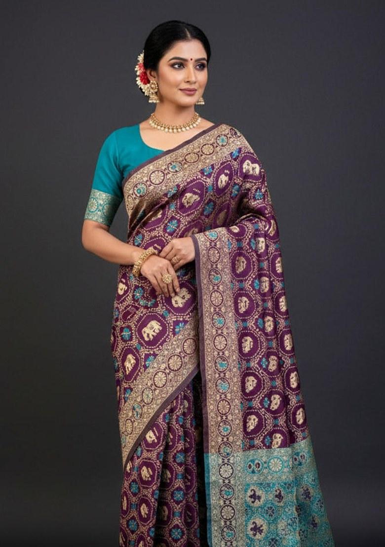 Wine Embroidered Banarasi Silk Saree Set