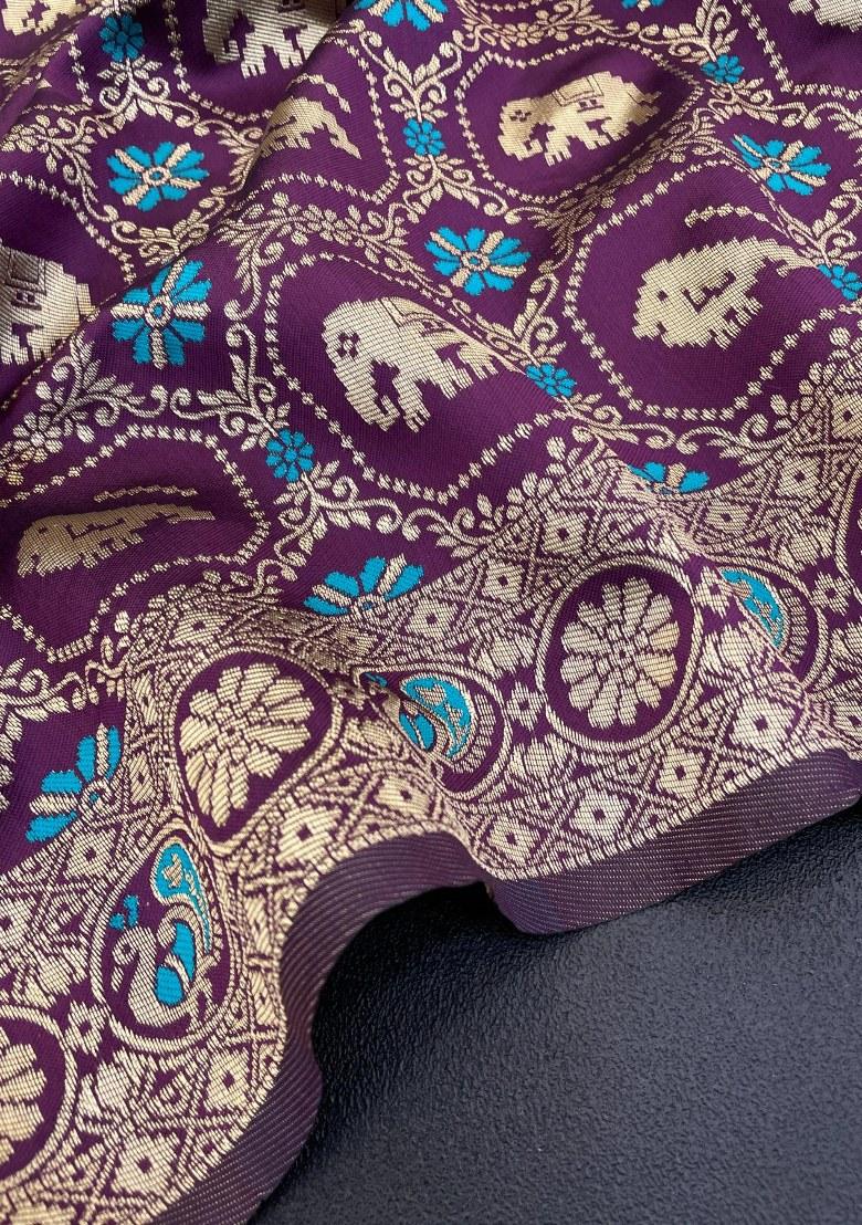 Wine Embroidered Banarasi Silk Saree Set