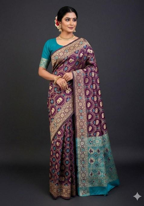 Wine Embroidered Banarasi Silk Saree Set