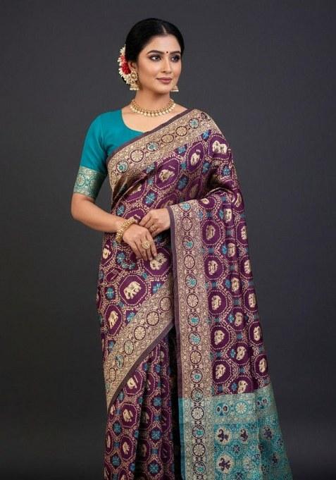 Wine Embroidered Banarasi Silk Saree Set