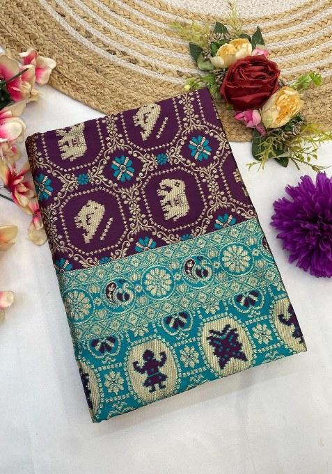 Wine Embroidered Banarasi Silk Saree Set