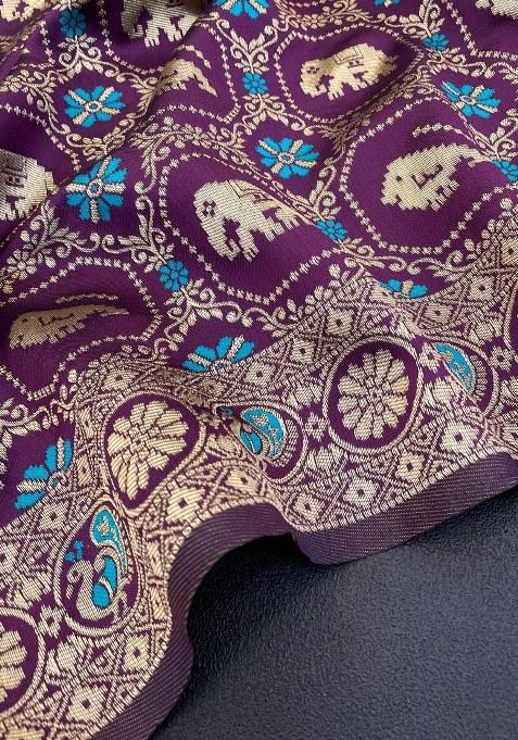 Wine Embroidered Banarasi Silk Saree Set